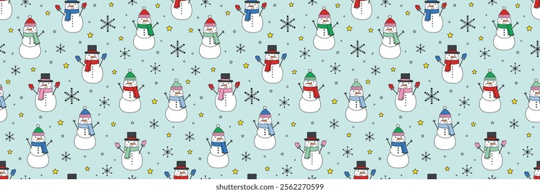 Colourful Christmas seamless pattern with cartoon snowman and snowflakes. Vector illustration