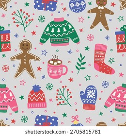 Patrón transparente de Navidades coloridas con decoraciones de dibujos animados. Ilustración vectorial