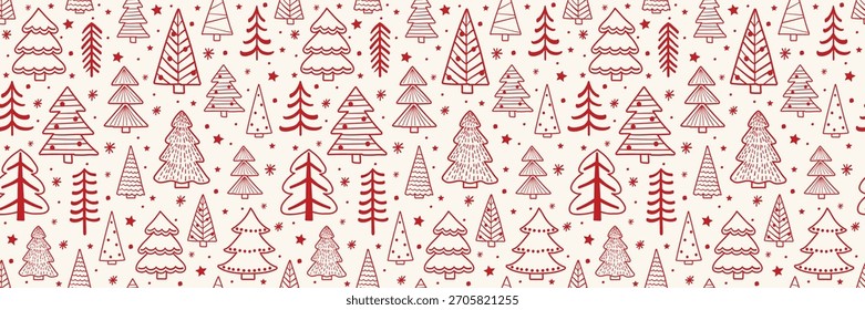 Farbenfrohe Weihnachten nahtloses Muster mit Zeichentrickbäumen und Schneeflocken. Tapeten-Design. Vektorgrafik