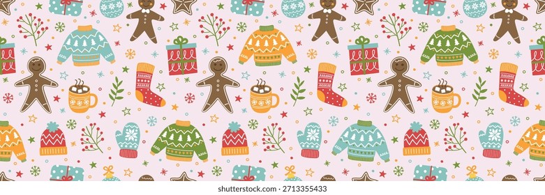 Colourful Christmas seamless pattern with cartoon decorations. Banner. Vector illustration