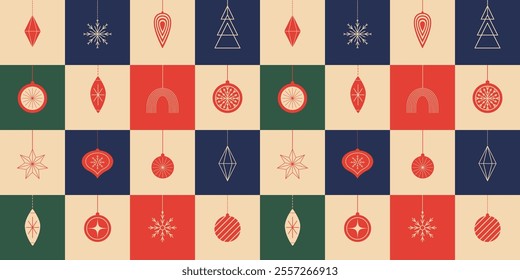 Colourful Christmas Seamless Pattern with Christmas Tree Balls Toys in Geometric Minimalistic Style. Vector