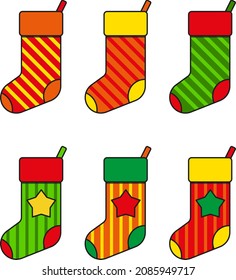 Colourful Christmas socks set, vector illustration. Socks with lines and stars