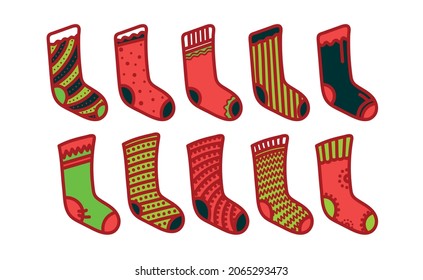 Colourful Christmas stocking set for Xmas gifts in cozy winter eve element for new year invitation card funny winter doodle design