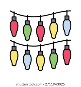 Colourful Christmas String Lights Hanging Vector Illustration, Filled Style Icon
