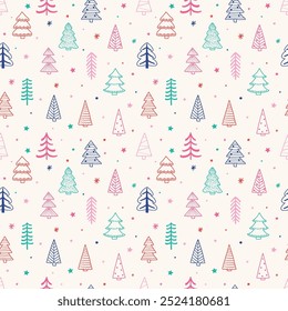 Fondo colorido del árbol de Navidad. Diseño de patrón sin fisuras en estilo de dibujos animados. Ilustración vectorial