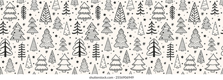 Colourful Christmas tree background. Seamless pattern design in cartoon style. Vector illustration