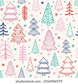 Colourful Christmas tree background. Seamless pattern design in cartoon style. Vector illustration