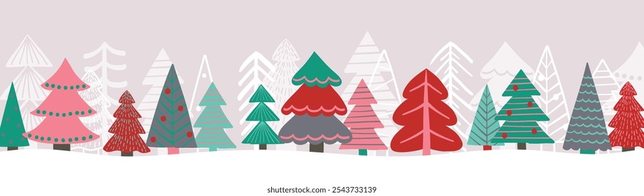 Colourful Christmas tree banner. Cartoon decoration elements. Winter concept. Vector illustration