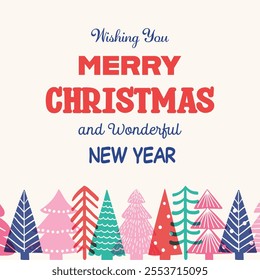 Colourful Christmas tree greeting card. Hand drawn decorations. Vector illustration