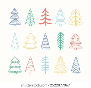 Conjunto de ícones coloridos da árvore de Natal. Conceito de decorações X-Mas. Ilustração vetorial