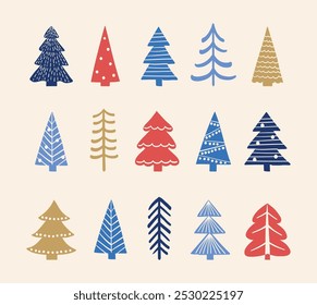 Conjunto de ícones coloridos da árvore de Natal. Conceito de decorações X-Mas. Ilustração vetorial