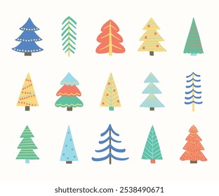 Conjunto de ícones coloridos da árvore de Natal. Conceito de decorações X-Mas. Ilustração vetorial