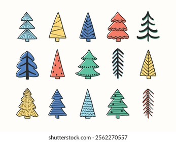 Colourful Christmas tree icon set. X-Mas decorations concept. Vector illustration