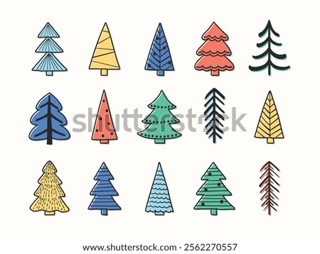 Colourful Christmas tree icon set. X-Mas decorations concept. Vector illustration