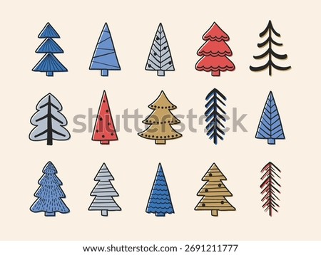 Colourful Christmas tree icon set. X-Mas decorations concept. Vector illustration