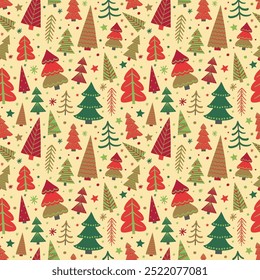 Colourful Christmas tree pattern with hand drawn decorations. Holiday background design. Vector illustration