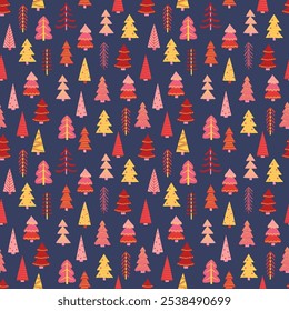 Colourful Christmas tree pattern with hand drawn decorations. Holiday background design. Vector illustration
