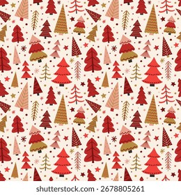 Colourful Christmas tree pattern with hand drawn decorations. Holiday background design. Vector illustration
