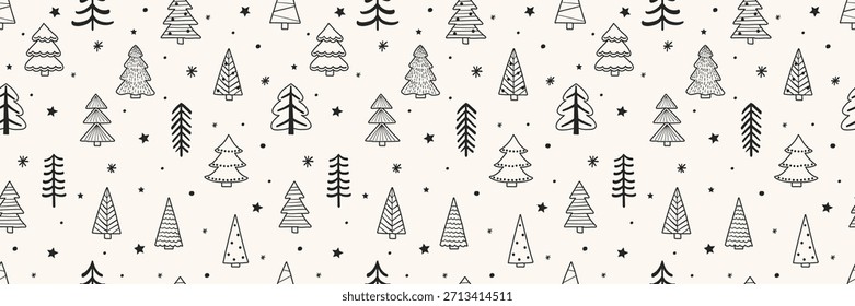 Colourful Christmas tree pattern with hand drawn decorations. Holiday background design. Vector illustration