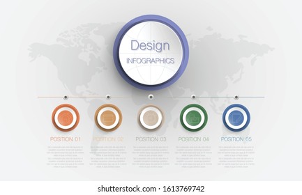 Colourful circle infographic, Vector illustration with 5 options and world map background can be used for business, plans, educations, workflow or diagrams 