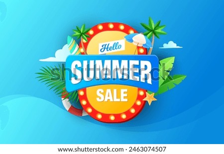 Colourful circle light bulb style summer board with blue background. Composition of safety ring, beach umbrella, surfboard, starfish, tropical plant. Summer holiday sale promotion concept.