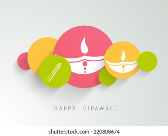 Colourful circles with illustration of white lampions and crackers with stylish text.