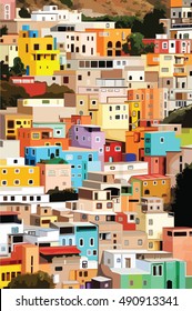 Colourful city of Guanajuato, Mexico. Vector. Urban cityscape. Abstract of city image. Architecture of a small town.