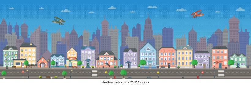 Colourful cityscape with vintage airplanes flying over diverse buildings against a backdrop of towering skyscrapers and a clear blue sky. Ideal for city life representation urban architecture travel