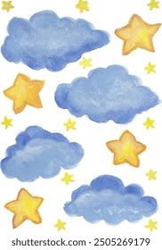 Nubes coloridas y estrellas ilustración de acuarela Clipart diseño de impresión de vivero y patrón