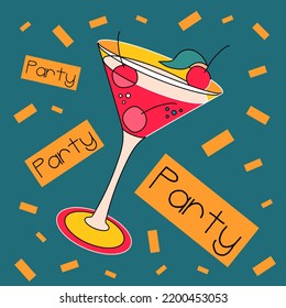 Colourful cocktail party invitation sticker. Vintage style. Vector illustration.