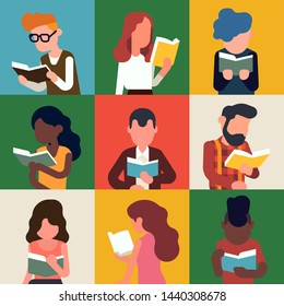 Colourful collage style background on literature, reading and book lovers. Abstract portraits of various readers characters in trendy flat style, vector