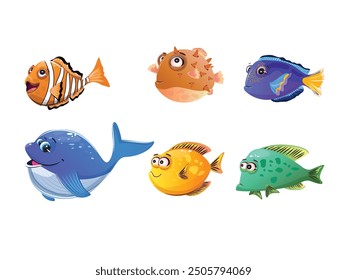 Colourful collection of diverse fish species including clownfish, blue tang, pufferfish, and whale