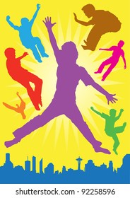 Colourful collection of young boy silhouettes jumping against an urban city backdrop.