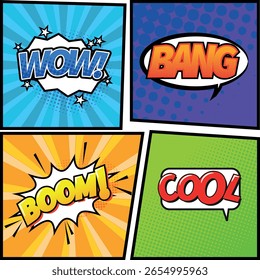 Fondo colorido de las palabras de la explicación del cómic con los patrones del semitono, explosión de la nube del estilo del popart o burbuja del discurso