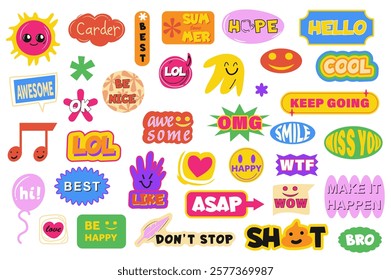 Colourful comic vintage label set in flat graphic design. Collection elements of funky 90s, 80s stickers with hello, cool, hope, smile, best, like, awesome and other messages. Vector illustration.