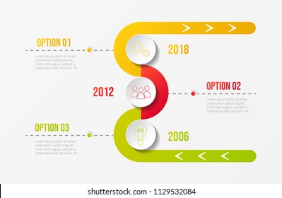Colourful company timeline with round business icons. Vector.