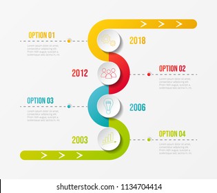 Colourful company timeline with round business icons. Vector.