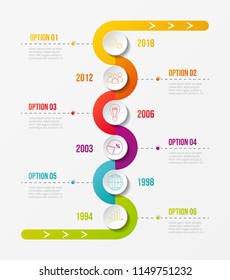 Colourful company timeline with round business icons. Vector.