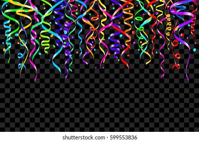 Colourful confetti on a black background. Celebration template ribbons. Vector illustration art