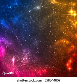 Colourful Cosmic background with nebula and bright stars.Vector illustration.