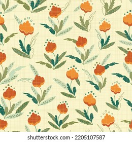 Colourful cotton plants field on light fabric textured background vector seamless pattern design. Great for all prints and uses.