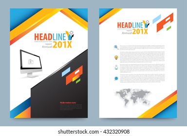 Colourful Cover Layout Design Template with Computer Monitor in A4 size design, Business data report, annual, presentation, web page, brochure, leaflet, flyer, poster and advertising.
