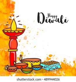 Colourful creative Lit Lamps with Sweets, Vector Greeting Card for Indian Festival of Lights, Happy Diwali Celebration.