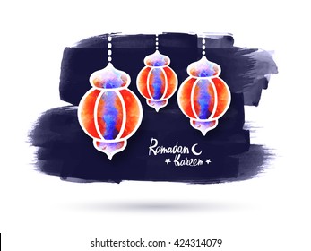 Colourful creative Traditional Lanterns on abstract paint stroke background for Holy Month of Muslim Community Festival Celebration.