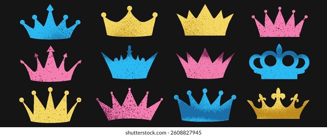 Colourful crown collage with cutout king and queen designs. Torn retro paper scraps with pink, blue, yellow doodles, punk patterns, and Y2K textures.