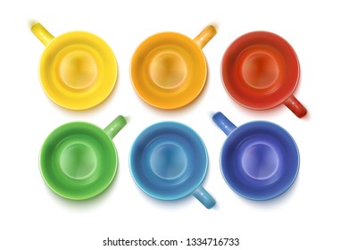 Colourful Cups Service Set. Top View. Vector Photo Realistic Illustration Isolated On White