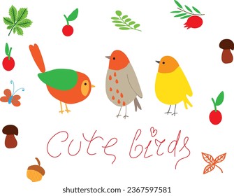 colourful cute birds, mushrooms, berries, leaves, fruits and flowers, vector illustration, decoration