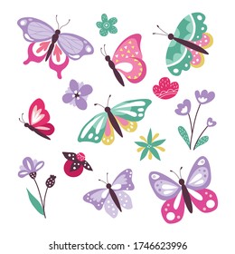 Coloridas mariposas lindas establecidas aisladas en la ilustración vectorial de fondo blanco. Colección de bellas polillas y flores de estilo plano. Concepto de tiempo de verano