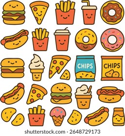 A colourful and cute fast food icon set featuring smiling burgers, fries, pizza, soda, ice cream, chips, hot dogs, and donuts in kawaii doodle style. Perfect for menus, food blogs.