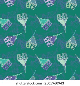 Colourful cute hand drawn houses on green background. Rough grunge drawing seamless vector pattern for kids wallpaper, wrapping paper, decorations and greeting cards.